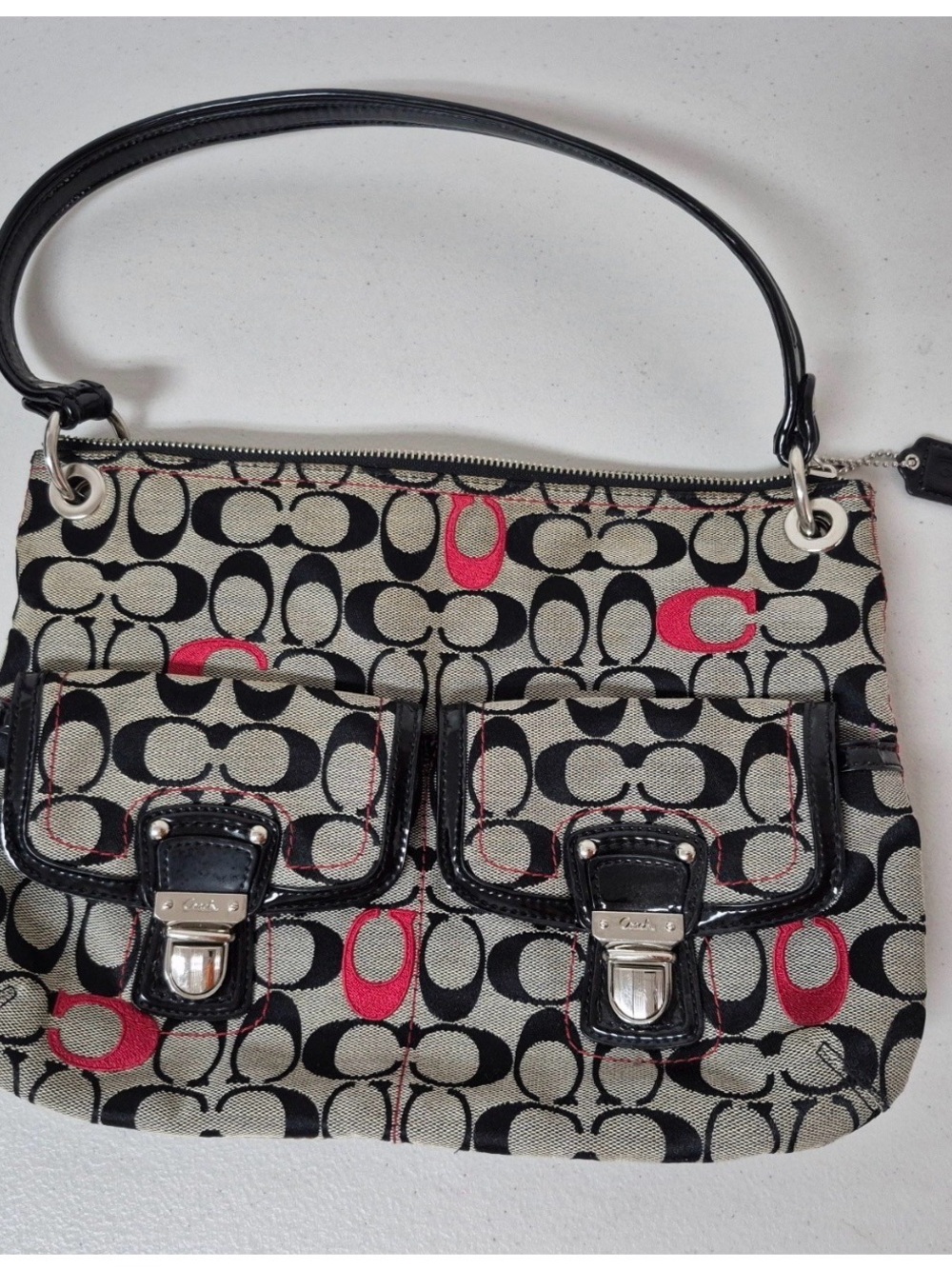 Coach Signature Shoulder Bag in Black, Cream & Pink Accent
